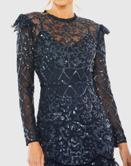 Navy High Neck Tiered Embellished Dress