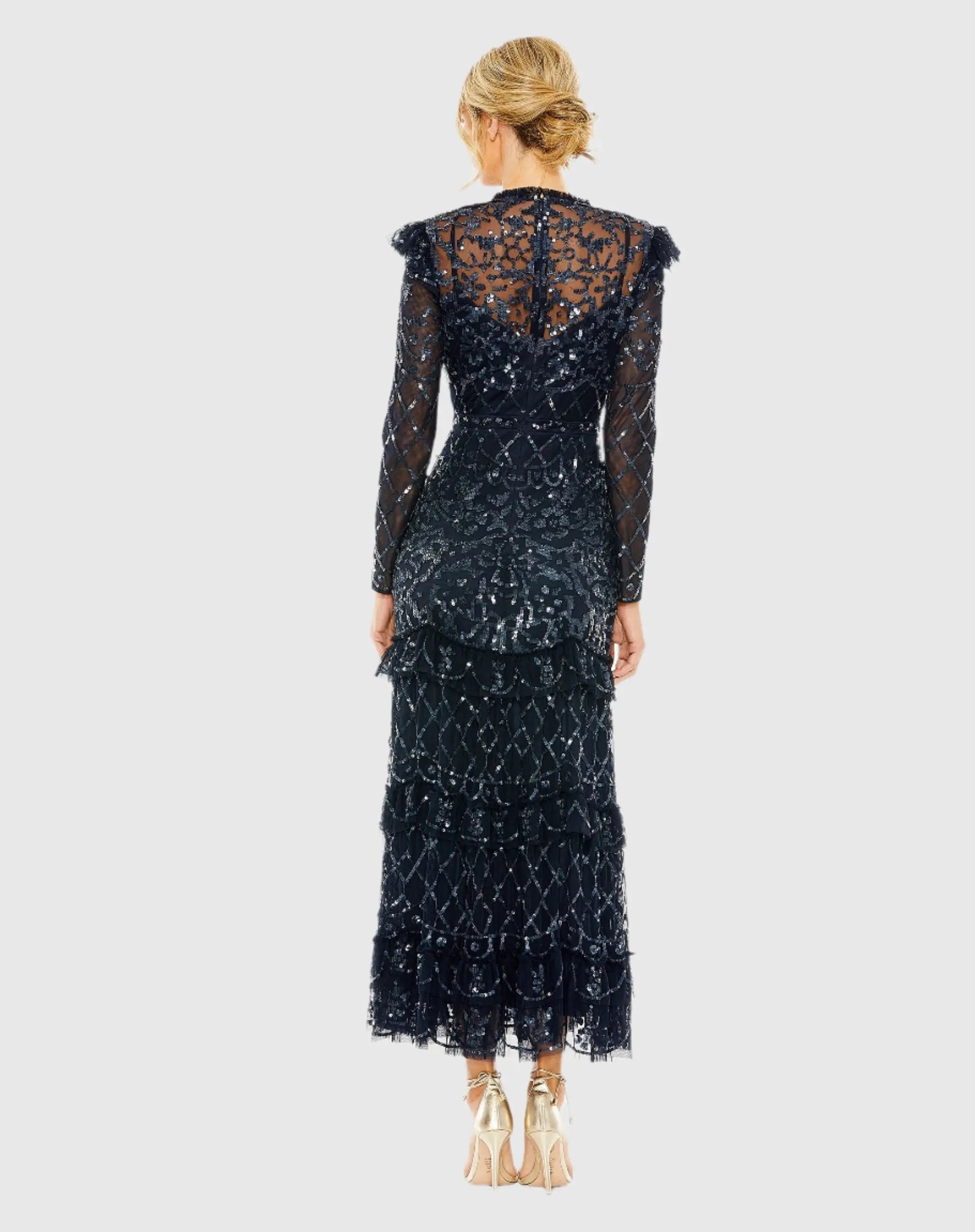 Navy High Neck Tiered Embellished Dress