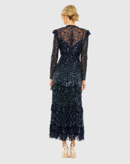 Navy High Neck Tiered Embellished Dress