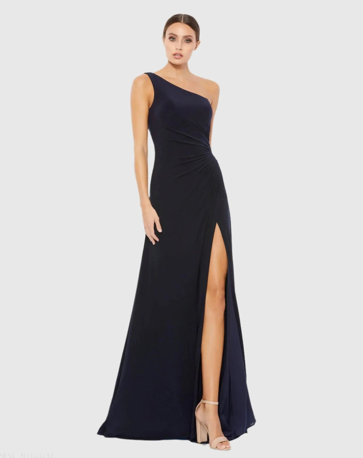 Navy One Shoulder Ruched Jersey Evening Gown