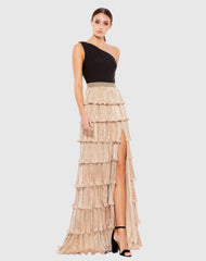Black and Gold One-Shoulder Ruffle Tiered A-Line Gown