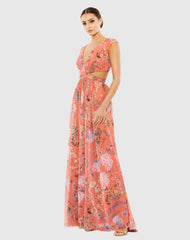 Orange Cut Out Cap Sleeve V Neck Gown