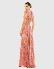Orange Cut Out Cap Sleeve V Neck Gown