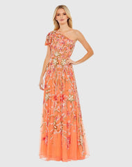 Orange One Shoulder Floral Embellished Gown