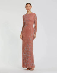 Pink Embellished High Neck Illusion Long Sleeve Gown