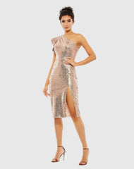 Pink Sequined Flutter One Shoulder Fitted Midi Dress