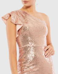 Pink Sequined Flutter One Shoulder Fitted Midi Dress