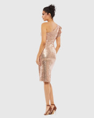 Pink Sequined Flutter One Shoulder Fitted Midi Dress