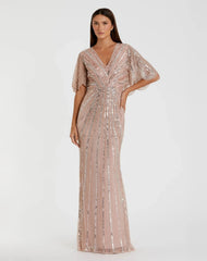 Pink Sequined V Neck Cape Sleeve Gown