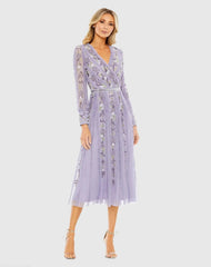 Purple Long Sleeve Embroidered Wrap Midi Dress