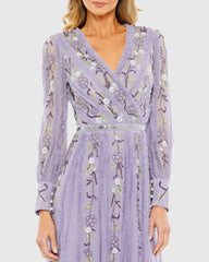 Purple Long Sleeve Embroidered Wrap Midi Dress