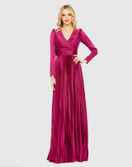 Purple Pleated Long Sleeve V-Neck Gown
