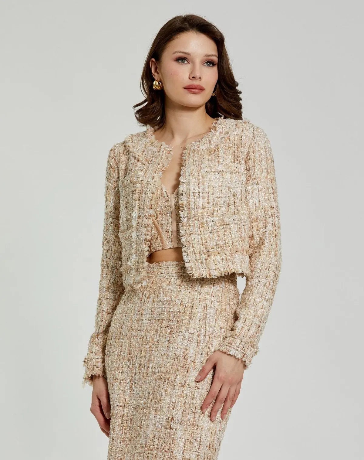 Beige Long Sleeve Cropped Boucle Jacket