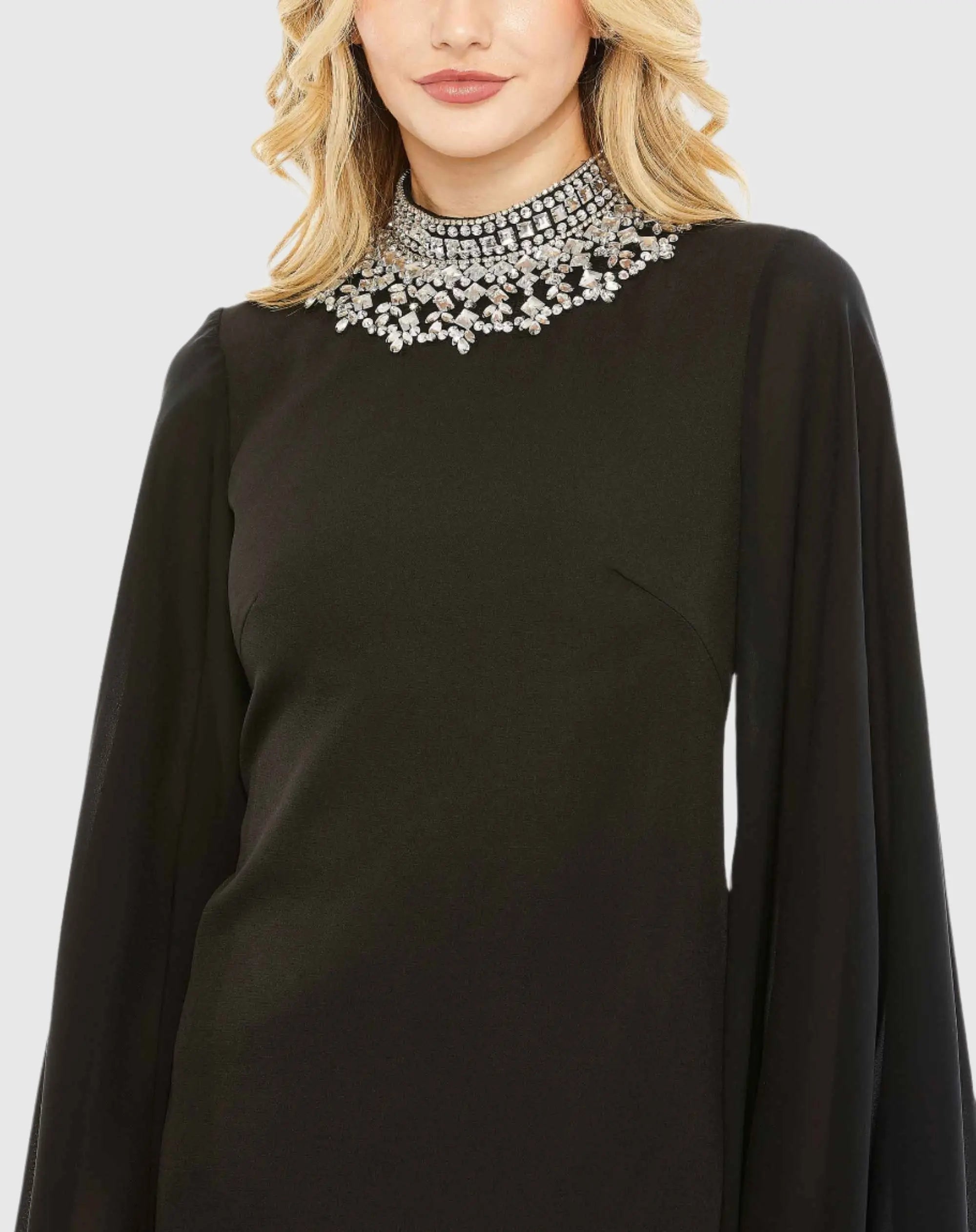 Black Rhinestone Collar Flowy Sleeve Mini Dress