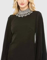 Black Rhinestone Collar Flowy Sleeve Mini Dress