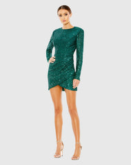 Green Sequined Long Sleeve Open Back Ruched Dress - FINAL SALE