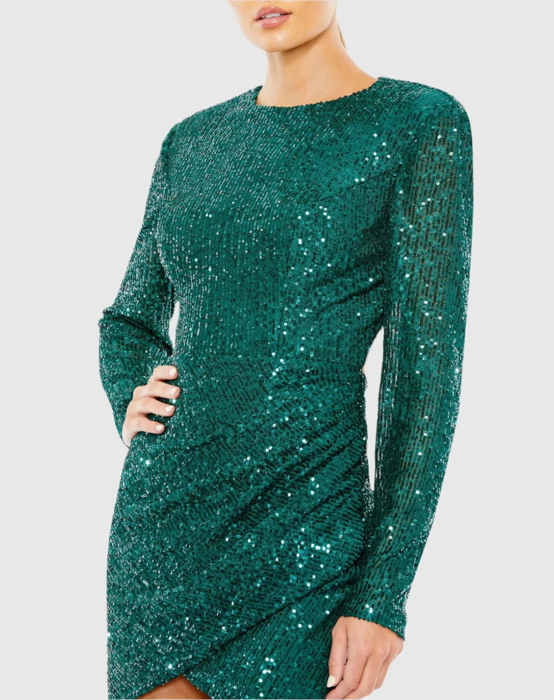 Green Sequined Long Sleeve Open Back Ruched Dress - FINAL SALE