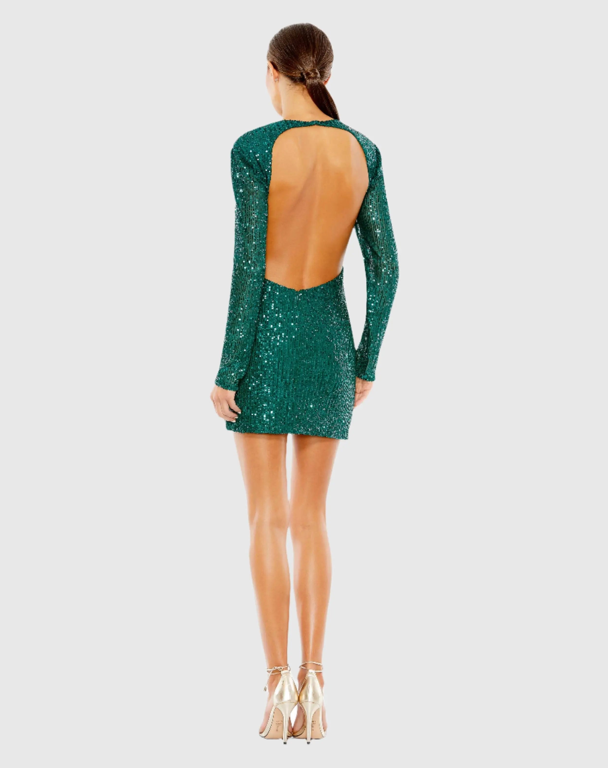 Green Sequined Long Sleeve Open Back Ruched Dress - FINAL SALE