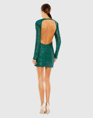 Green Sequined Long Sleeve Open Back Ruched Dress - FINAL SALE