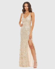 Beige Sequined Strappy Sleeveless Gown
