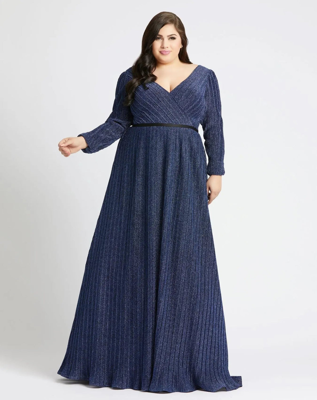 Navy Shimmering V-Neck Evening Gown (Plus)