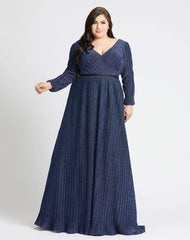 Navy Shimmering V-Neck Evening Gown (Plus)