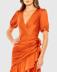 Orange Short Puff Sleeve Faux Wrap Mini Dress