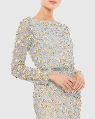 Silver Embellished Long Sleeve High Neck Gown