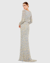 Silver Embellished Long Sleeve High Neck Gown