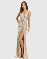 Beige and Silver Sleeveless Diagonal Sequined V-Neck Gown