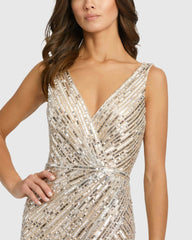 Beige and Silver Sleeveless Diagonal Sequined V-Neck Gown