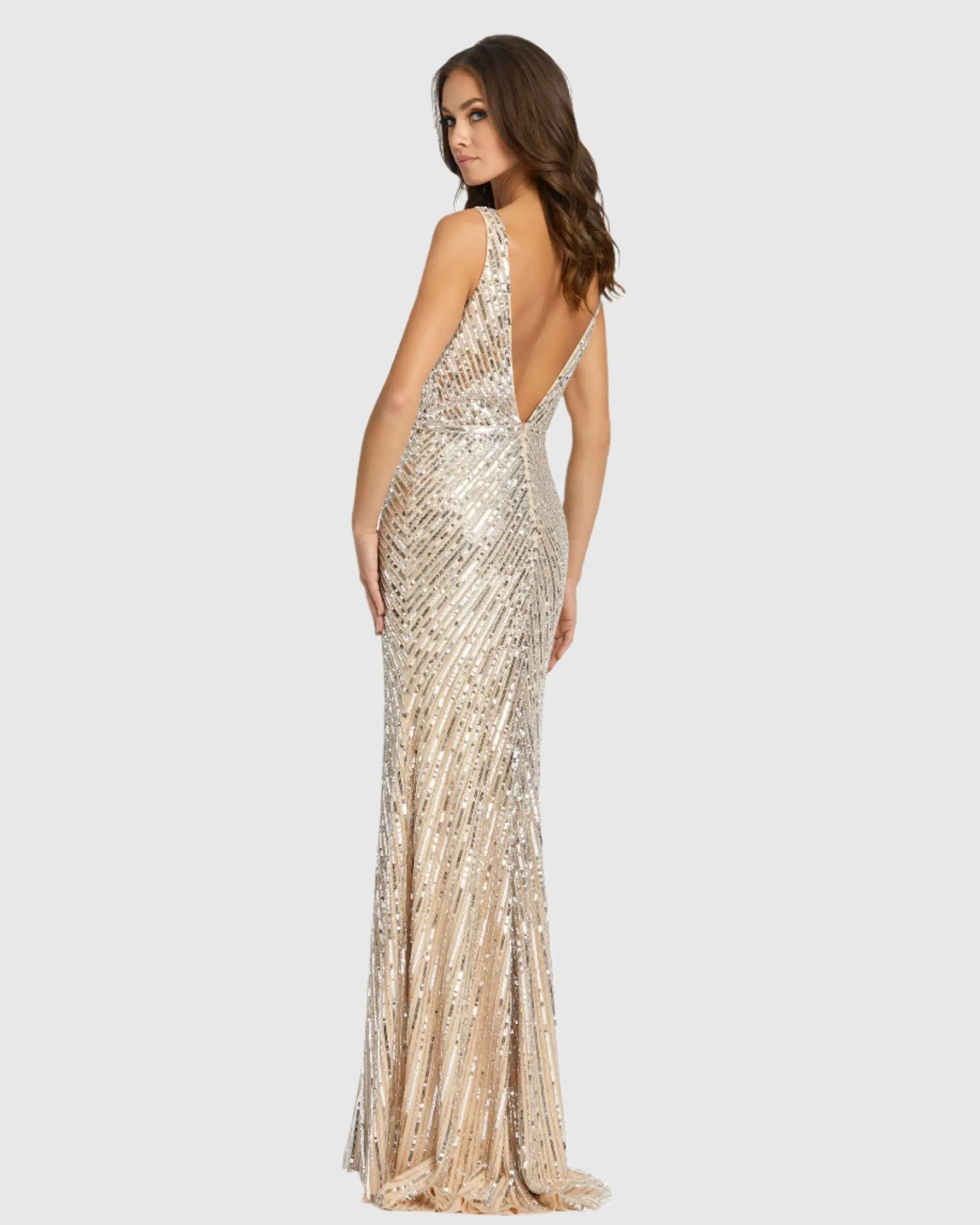 Beige and Silver Sleeveless Diagonal Sequined V-Neck Gown