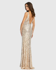 Beige and Silver Sleeveless Diagonal Sequined V-Neck Gown
