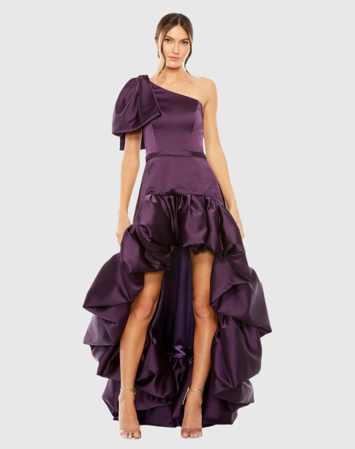 Purple High Low Gown with Statement Bow