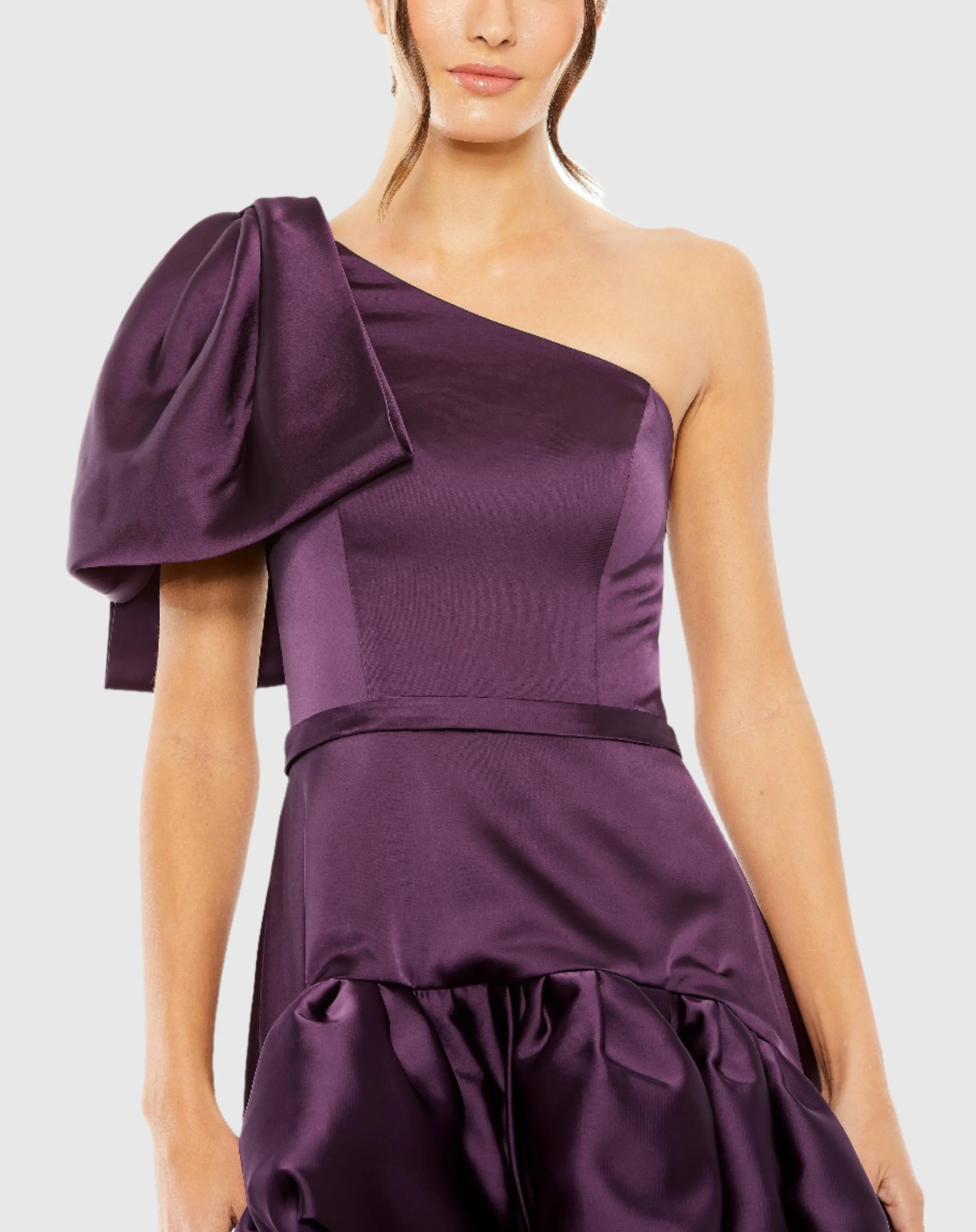 Purple High Low Gown with Statement Bow