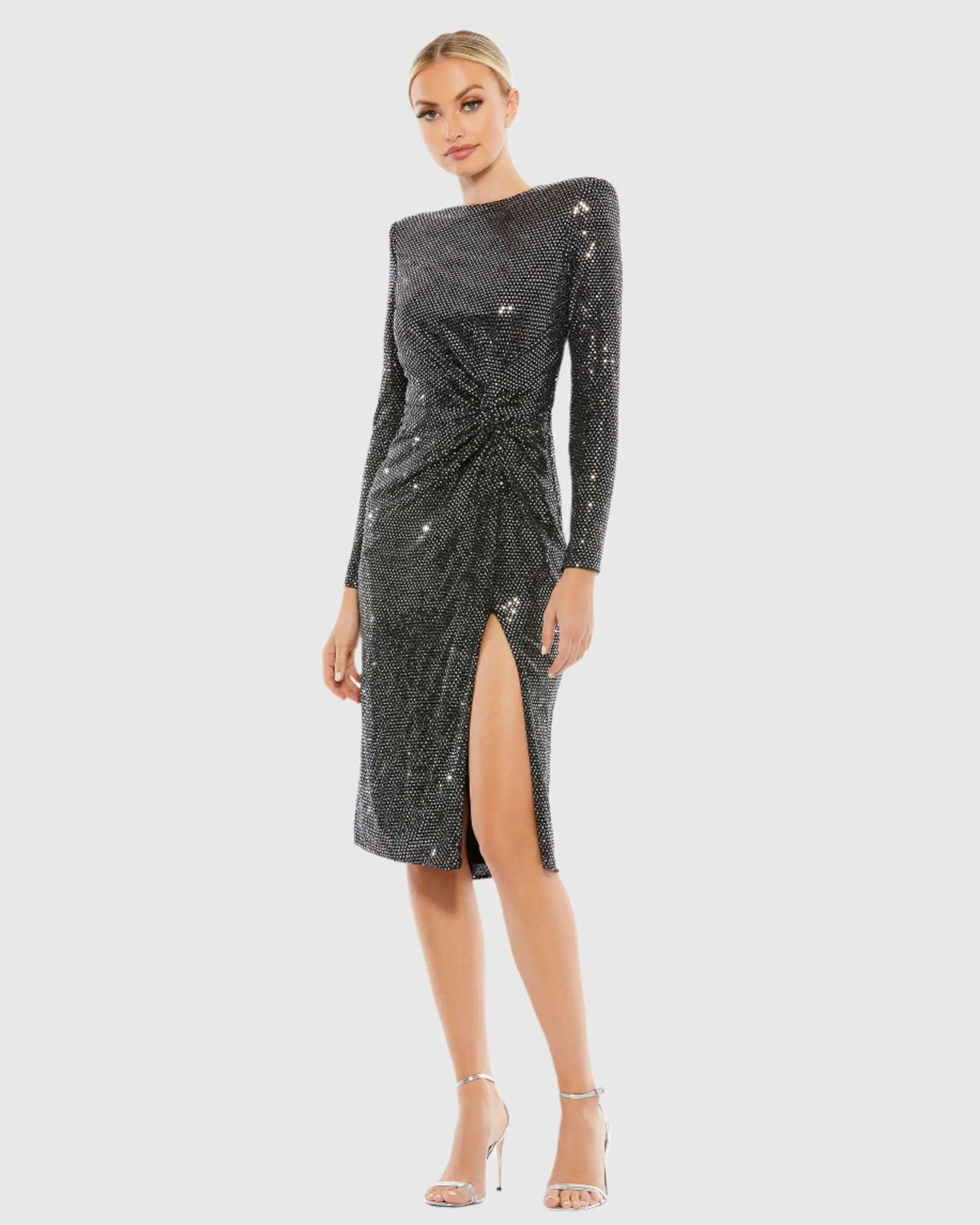 Black and Silver Structured Long Sleeve Side Twist Midi Dress