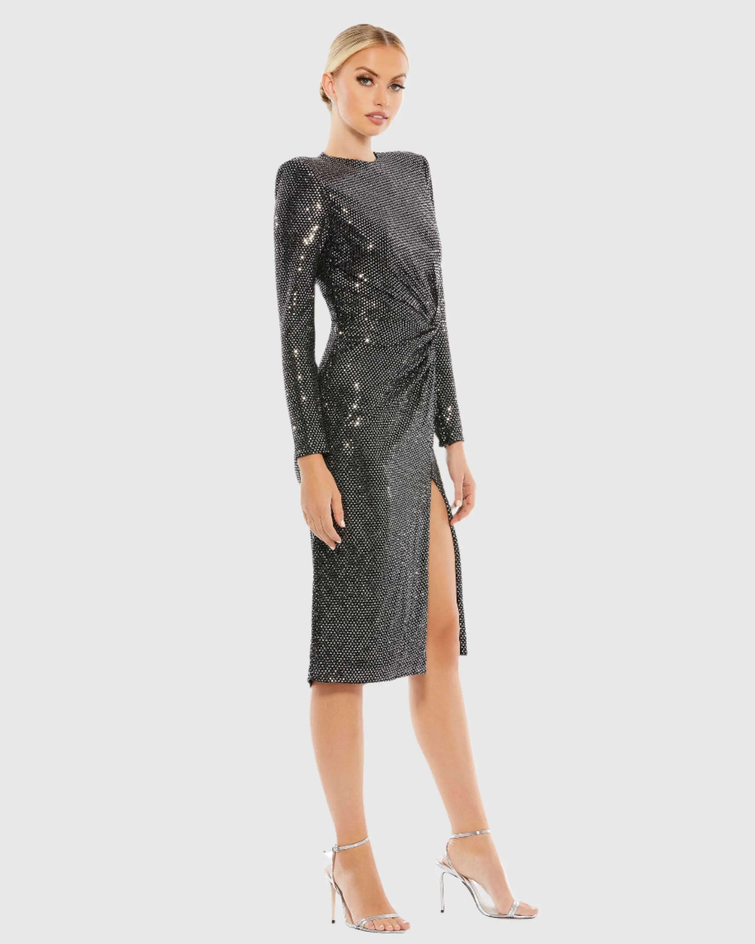 Black and Silver Structured Long Sleeve Side Twist Midi Dress