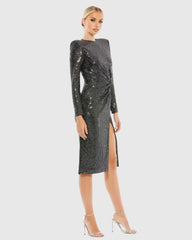 Black and Silver Structured Long Sleeve Side Twist Midi Dress