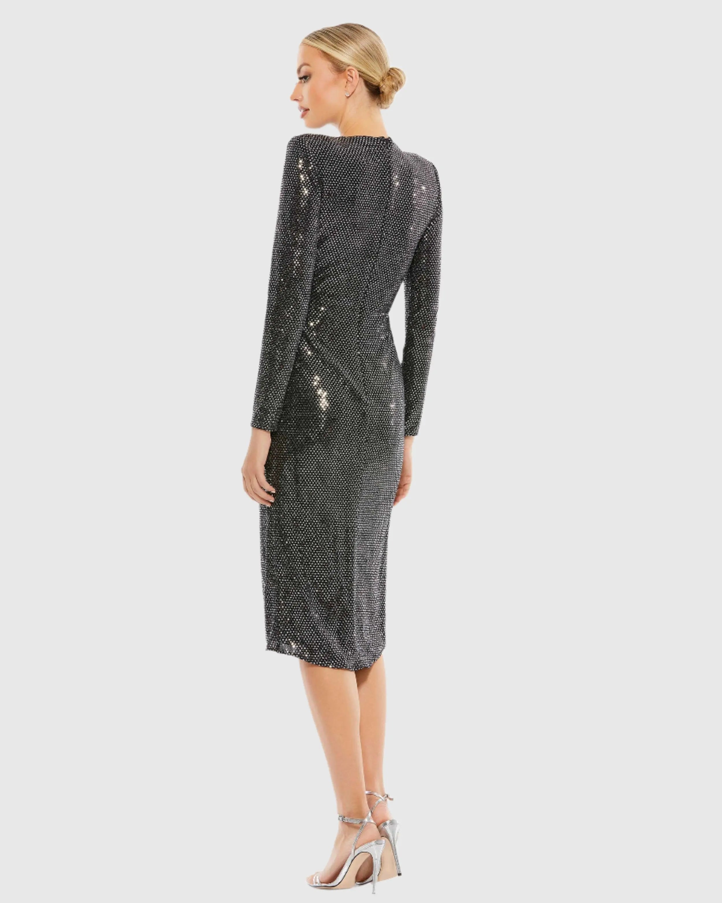 Black and Silver Structured Long Sleeve Side Twist Midi Dress