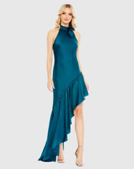 Teal Halter Neck Ruffled Asymmetrical Dress