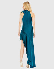 Teal Halter Neck Ruffled Asymmetrical Dress