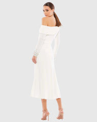 White Foldover Long Sleeve Jeweled Midi Dress