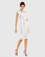 White Sequined Flutter One Shoulder Fitted Midi Dress
