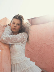 White Embroidered Long Sleeve Ruffled Tiered Dress