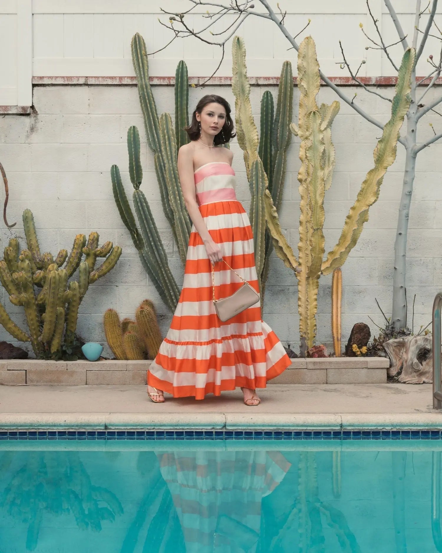 Multicolor Striped Organza Strapless Ruffle Maxi Dress